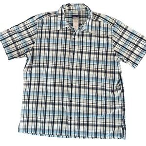 Patagonia Men's Blue White Plaid Short Sleeve Button Down Shirt Size Extra Large